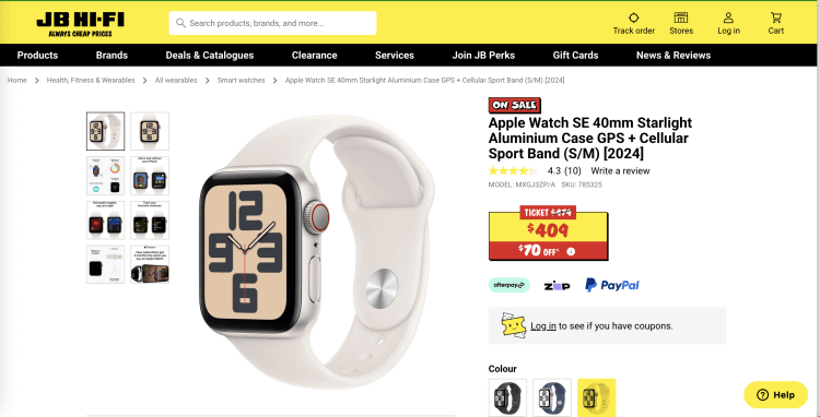 JB Hi-Fi: Apple Watch SE 40mm Starlight Aluminium Case GPS + Cellular Sport Band (S/M) [2024] – $409